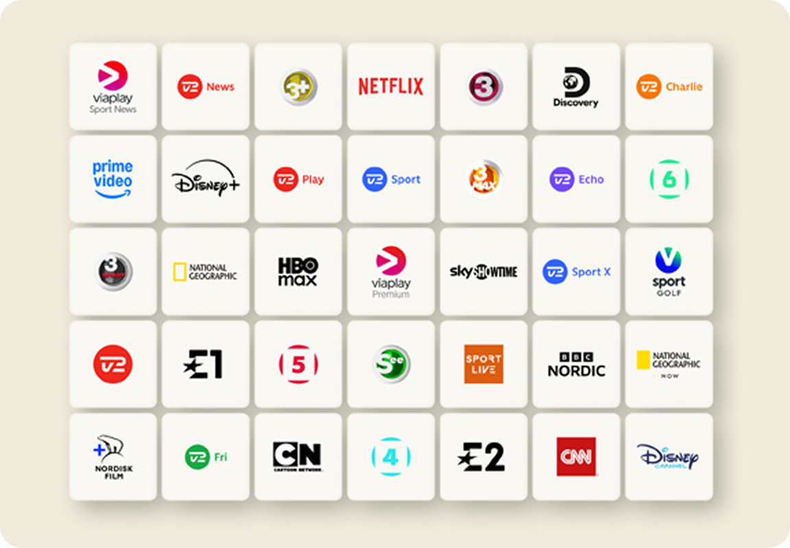 Oversigt over populære streamingtjenester og apps vist som ikon-grid på tv-skærm.